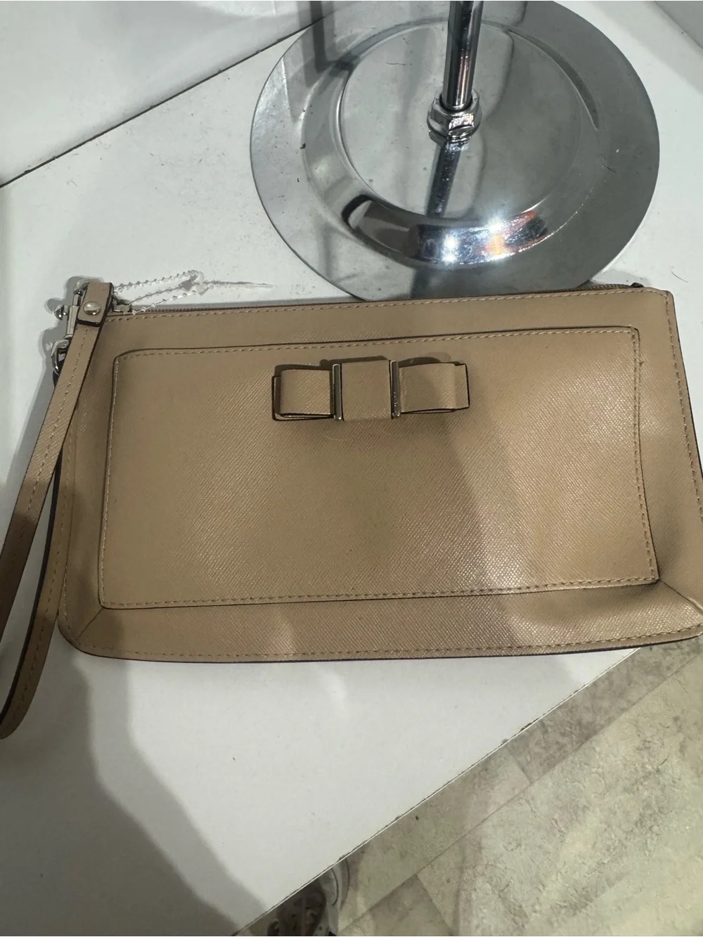 Coach Beige Saffiano Wristlet Clutch with Bow Trim